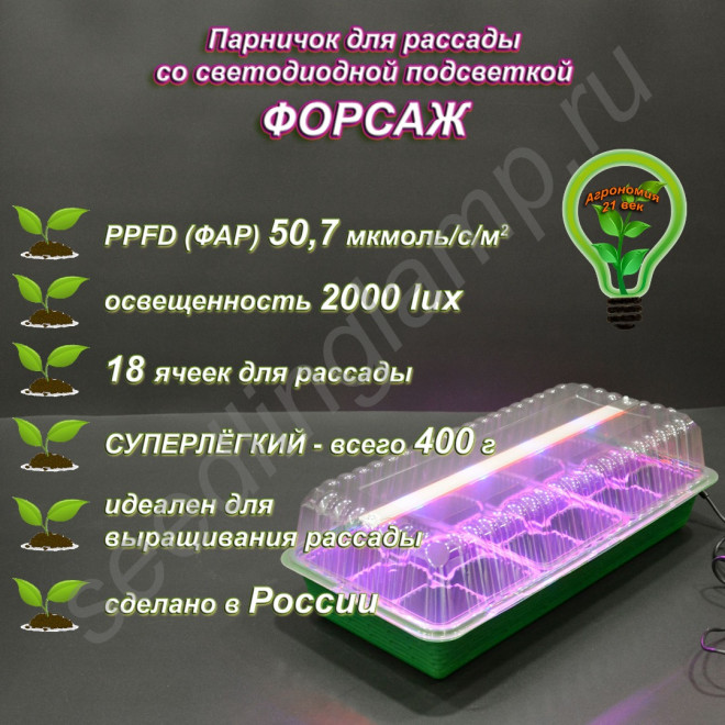 "Форсаж" мини-парник для рассады на 18 горшочков со светодиодной фито подсветкой "Форсаж" мини-парник для рассады на 18 горшочков со светодиодной фито подсветкой